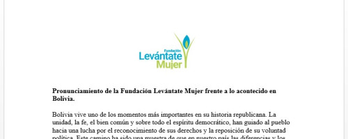 Pronunciamiento de la Fundación Levántate Mujer frente a lo acontecido en Bolivia.
